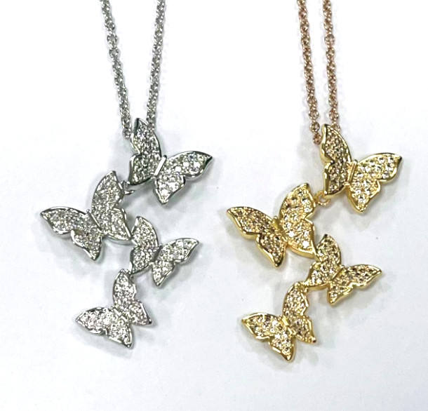 925 Sterling Silver White Gold Plated Micron Pave 4 Butterflies Charm Pendant For Women