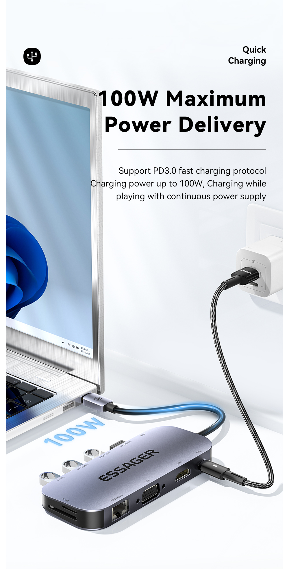 Maple Harp 11 In 1 Usb C Hub PD 100W Fast Charging 5Gbps 32GB SD Card 10 Ports