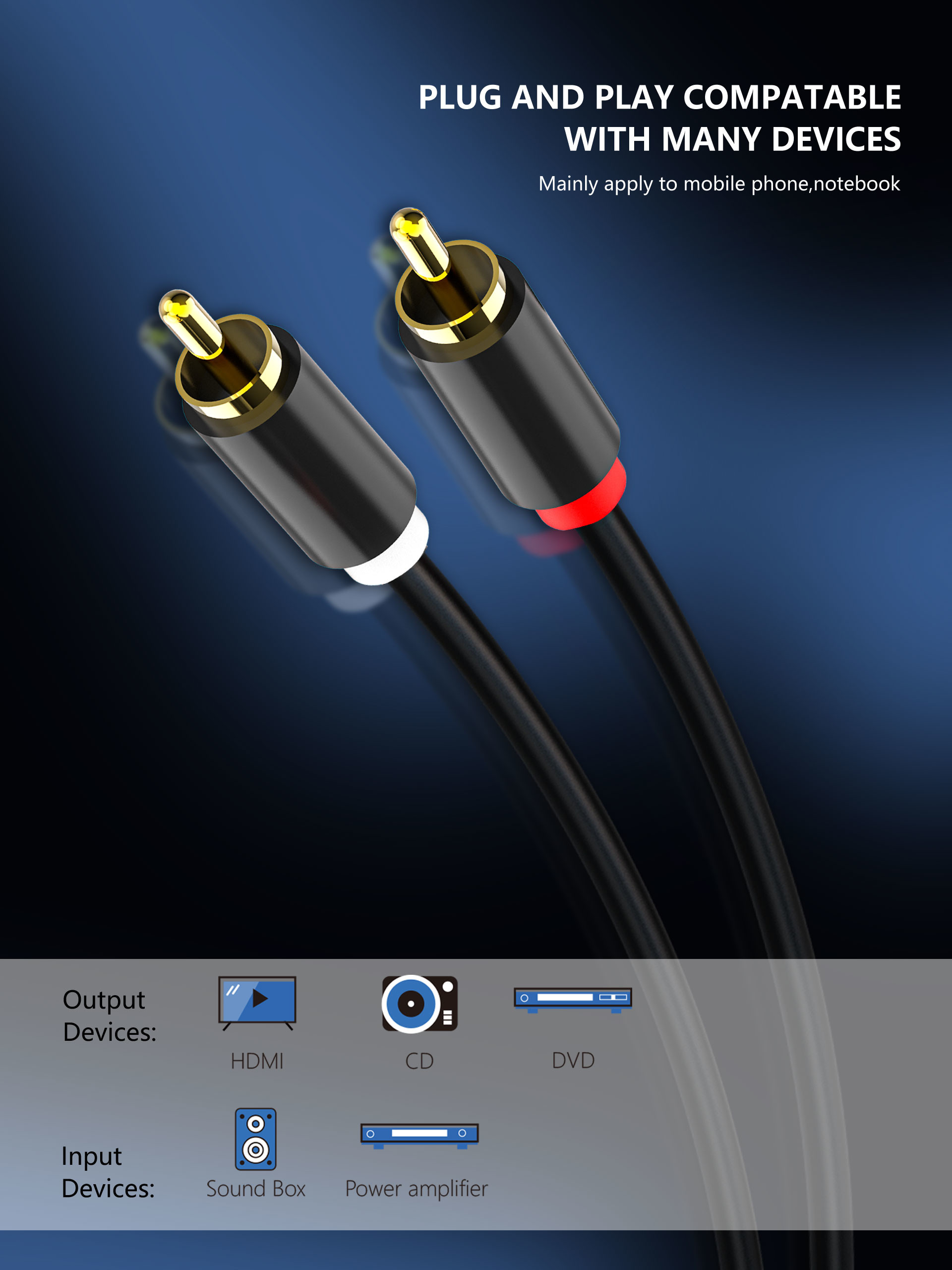 HDTV HiFi 6 Foot Audio And Video Cable 2RCA Male To 2RCA Male