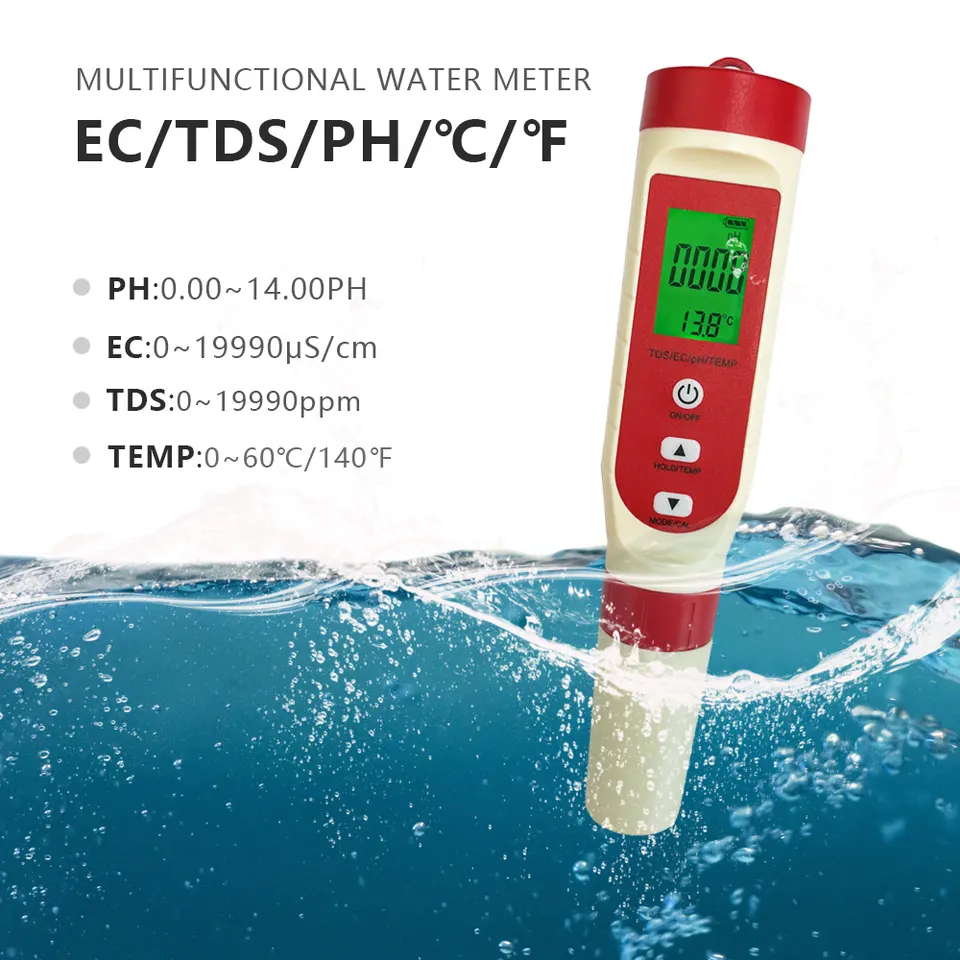 LCD Display Screen Water Test Pen 4 in 1 Tds/ec/ph/temp Meter for Temperature Control