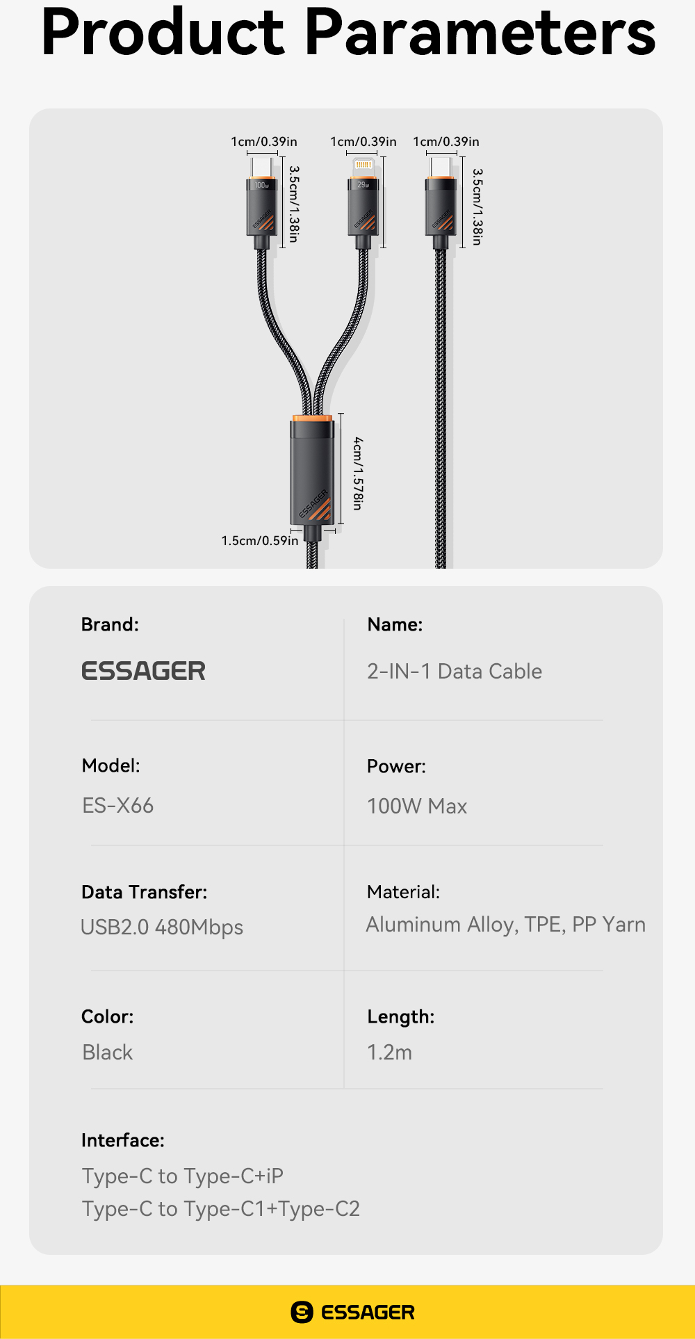 ESSAGER ES-X66 2 in 1 Cable USB C to Type C Lighting Data Charging Cable