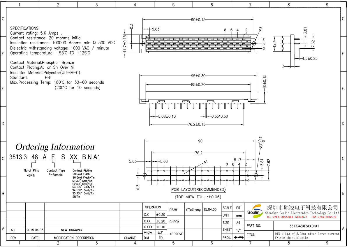 Gray PBT Din 41612 Connector Large Current Straight H10.0 PC4.5