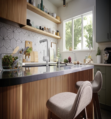 Stylish Plywood Door European Style Kitchen Cabinet with Beveled Edge Countertop Edging