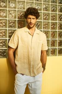 Quality Ramie Men'S summer Short Sleeve Cuban Dress Apricot Loose wholesale