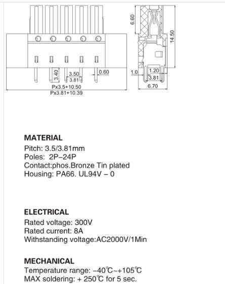 300V 8a Wire Connector Terminal Block Electrical 3.5/3.81 Mm Connector