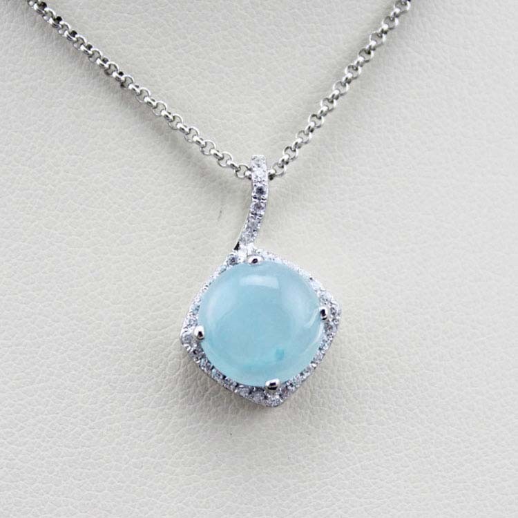 925 Silver Blue Chalcedony Cubic Zircon Pendant Enhancer Necklace (P74)