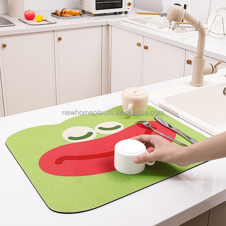 Square Waterproof Anti-Slip Kitchen Dish Draining Mat with Contemporary Cartoon Print