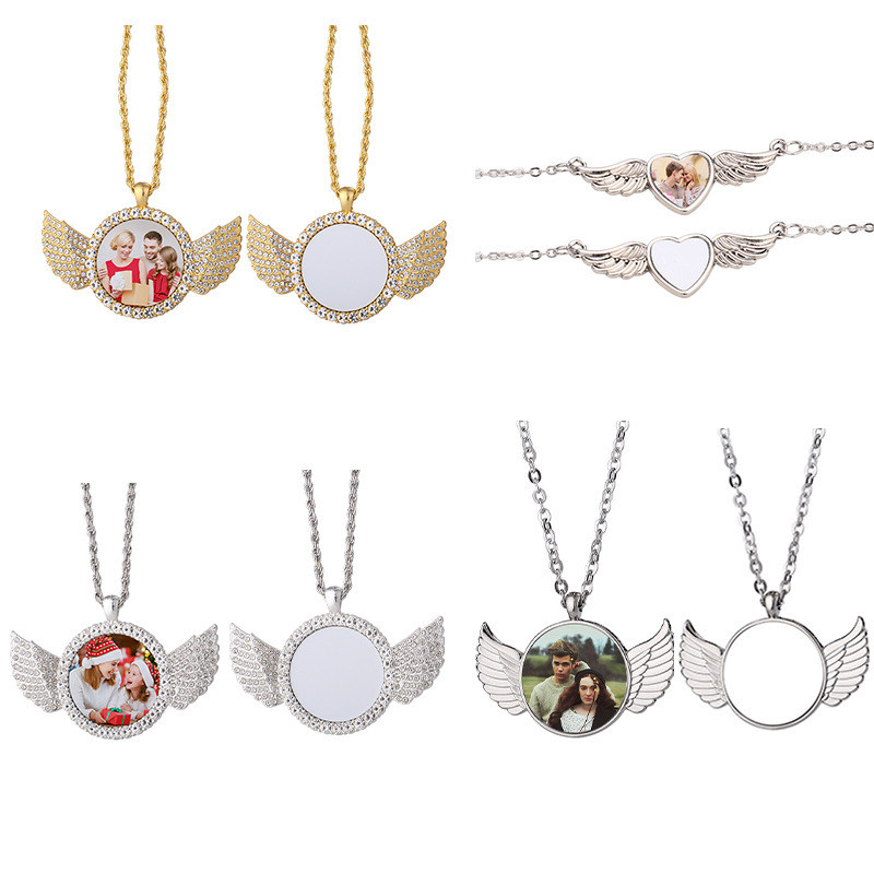 Personalized Sublimation Angel Wings Necklace Heart Shape Sublimation Necklace For Sublimation Printing