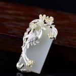 925 Sterling Silver Sculptured Flower Bird Natural Jade Pendant Necklace