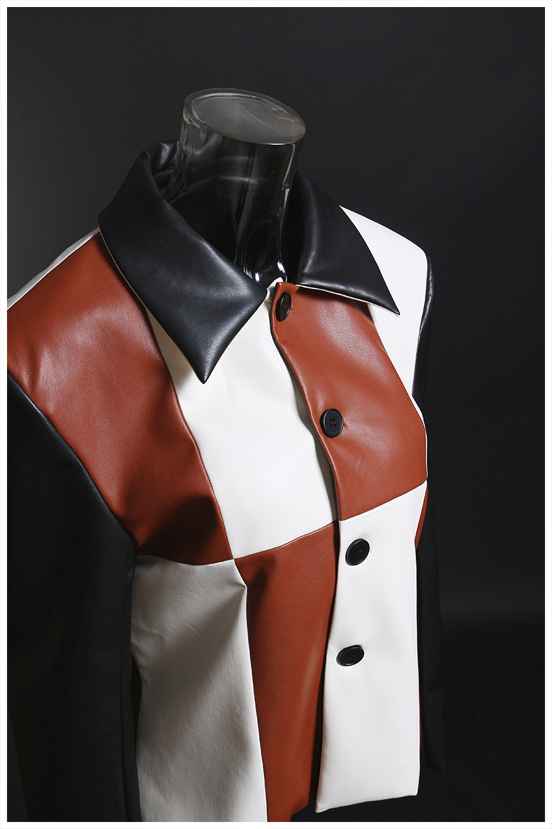 High Fashion Breathable Stitching Color Long Sleeve Button Cropped PU Baseball Leather Jackets