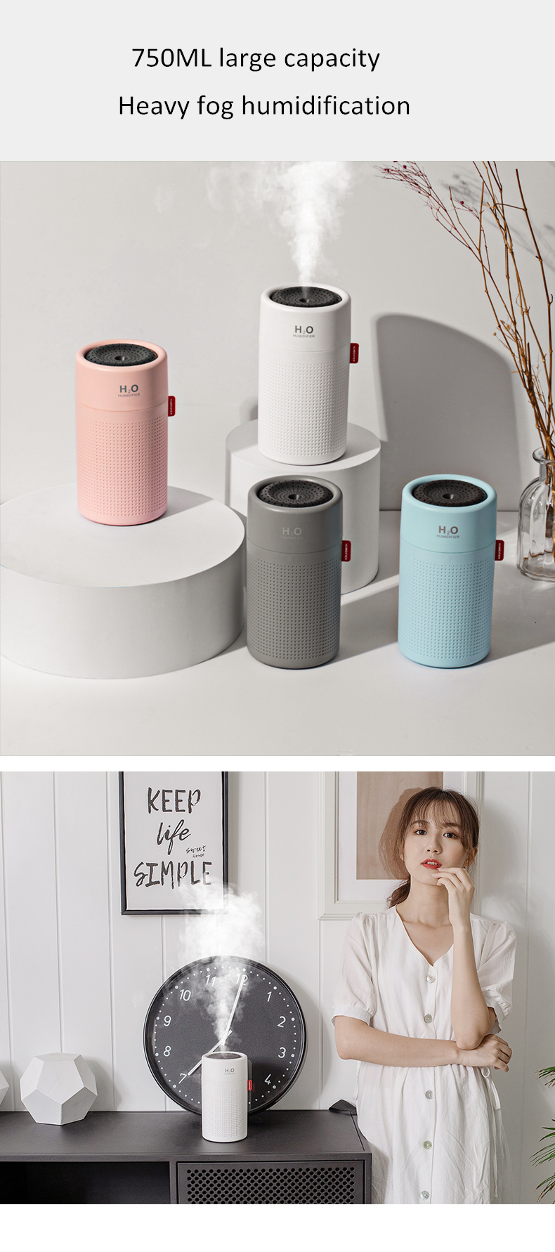 750ml Wireless USB Air Humidifier 2000mAh Battery Rechargeable Cool Mist Humidifier