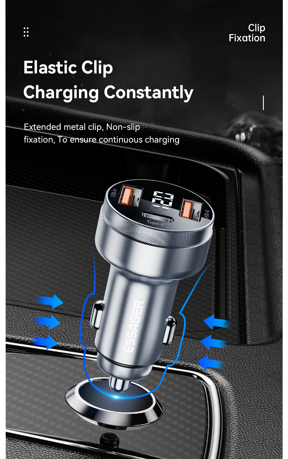 Essager 2022 Fenglang Aluminum alloy digital display car charger 80W 3 in 1 Car Charging 2 USB A Type C Fast Car Charger