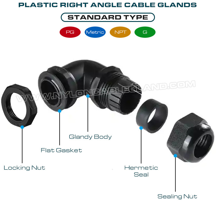 90 Degree Right Angle NPT Cable Glands, 90° Elbow Plastic Cable Glands IP68 Waterproof Cord Gland Connectors