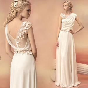 Quality Beige Chiffon Flower Back Decoration Floor Length Flower Evening Dress TSJY137 wholesale