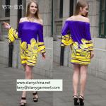plus size rose printed ladies' short dress with off-shoulder bold color for