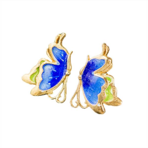 Women Fashion Blue Enamel Sterling Silver Stud Earrings with 18K Gold Plated