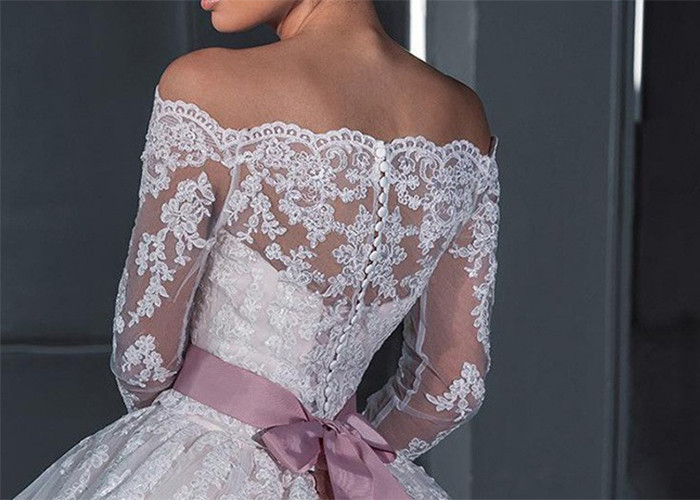 Off The Shoulder Ball Gown Wedding Dress Beaded Belt Long Sleeve Lace Tail