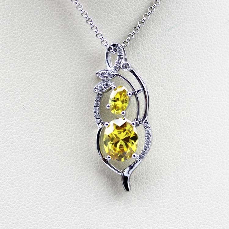Sterling Silver Yellow Citrine Cubic Zircon Pendant Necklace (PSJ0383)