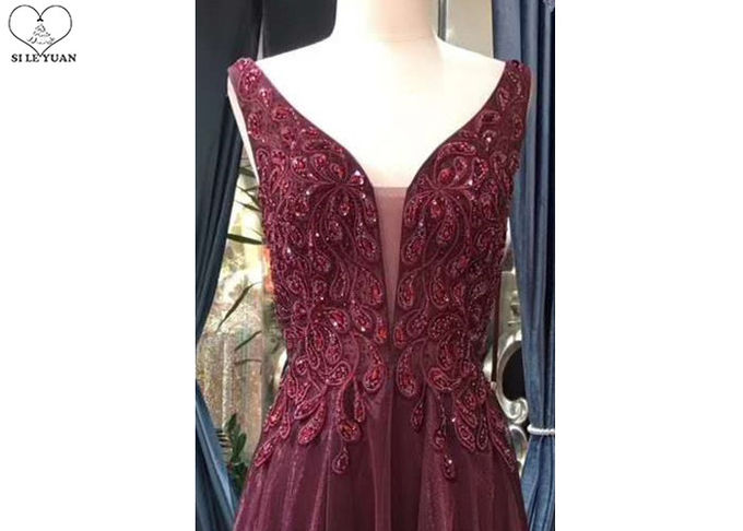 Sleeveless Burgundy A Line Ball Gown Backless Top Lace Beading Tull Fabric