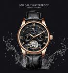 KINYUED genuine leather tourbillon mens automatic watch men moon phase watch men