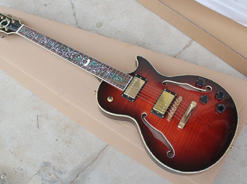 Semi-hollow Electric Guitar with Mahogany Neck,Black Pickguard,Gold Hardware