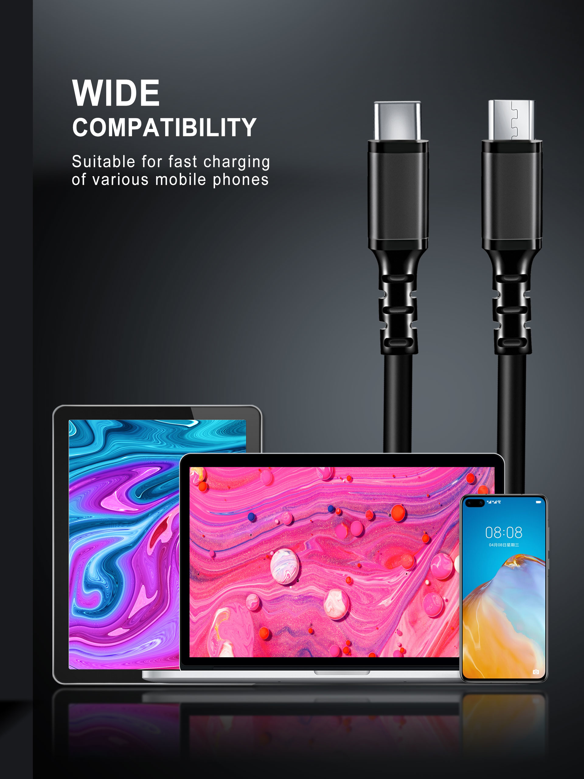 2A 3Feet Black Data USB Cable , CE ROHS USB C To Micro USB Cable