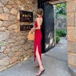 Backless Halter Neck Split Womens Vacation Dresses