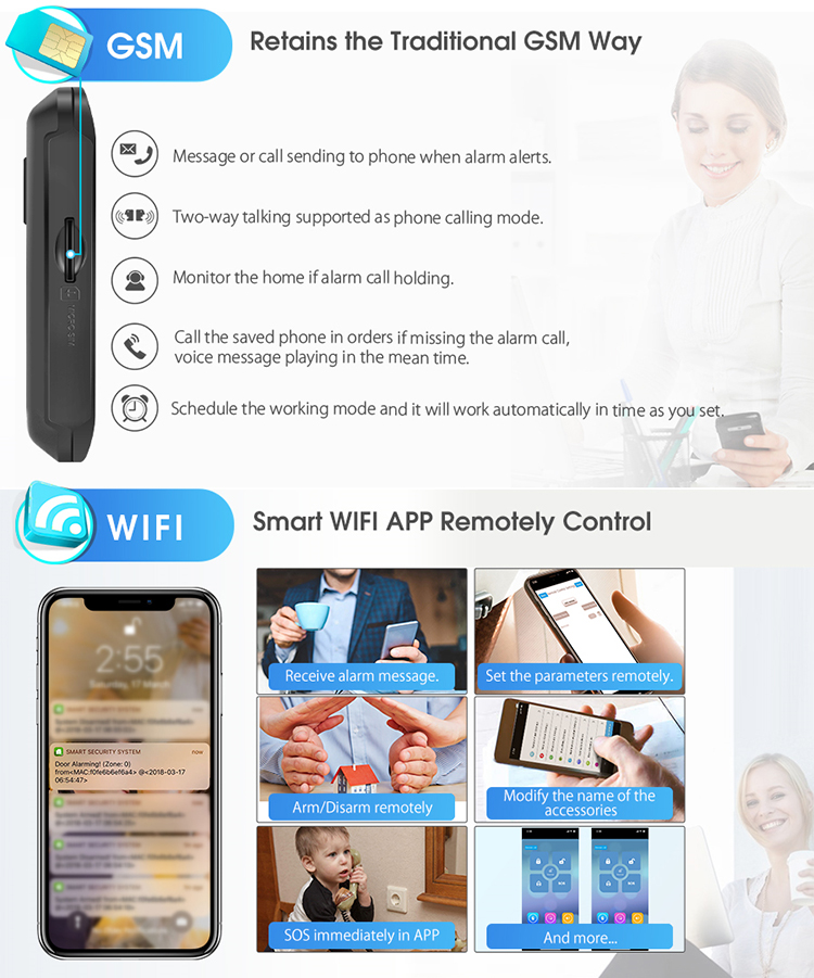 433Mhz WIFI GSM Alarm System 1900mHA Smart Alarm Sensor Touch Screen