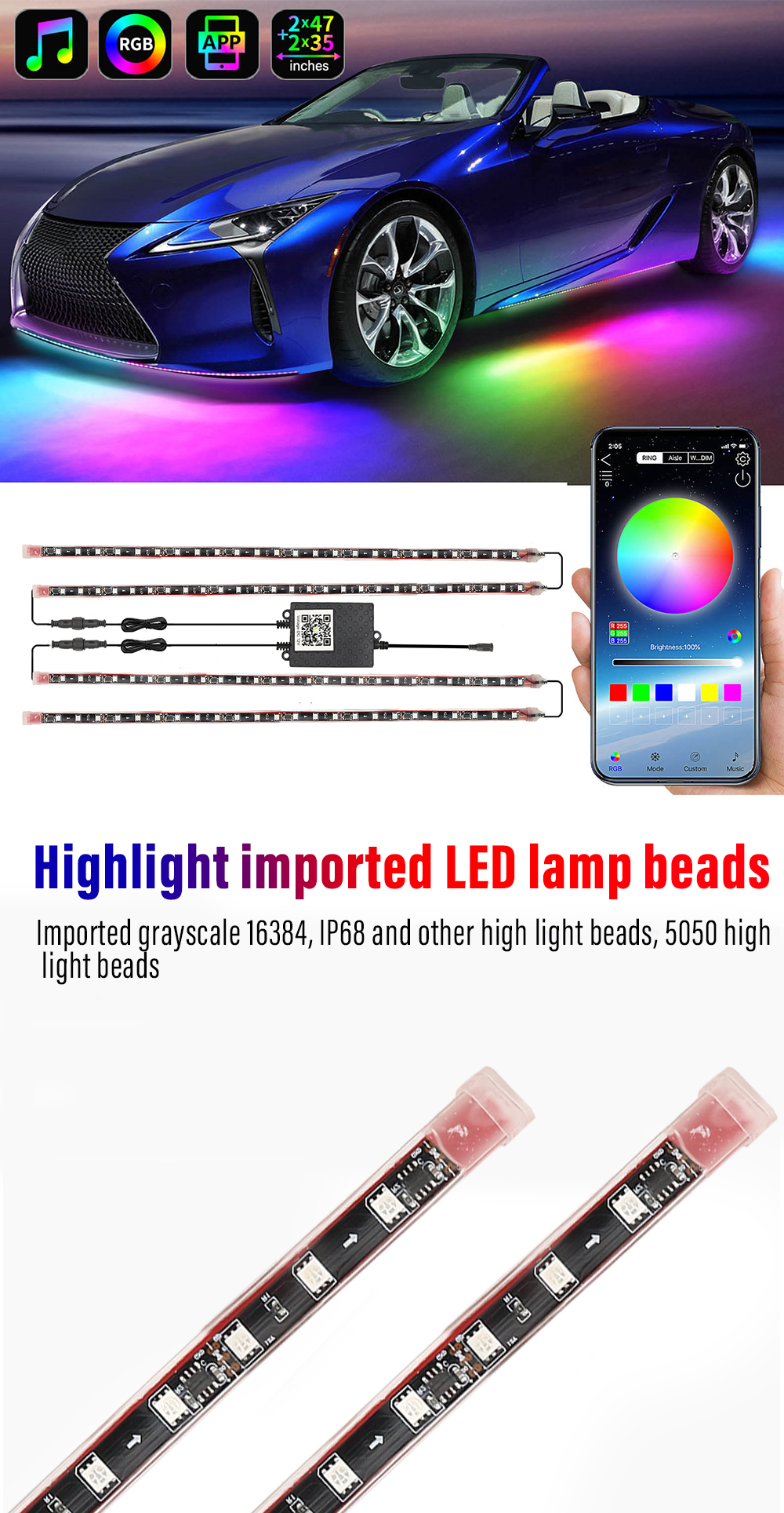 Wireless Blue RGB 12v Led Light Strips Automotive Neon Tube Lights For Cars 6W