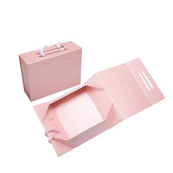 Custom Color Magnetic Flip Folding Cardboard Gift Box for Ribbon Handle Handbag