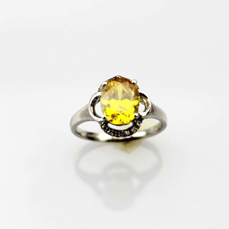 Fashion Jewelry 7mmx9mm Oval Yellow Citrine Cubic Zircon Sterling Silver Ring(R229)