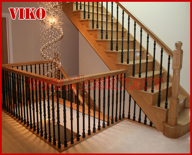 Wrought Iron Staircase VK104S Wrought Iron Handrail Tread Beech,Railing tempered glass, Handrail b eech Stringer,carbon