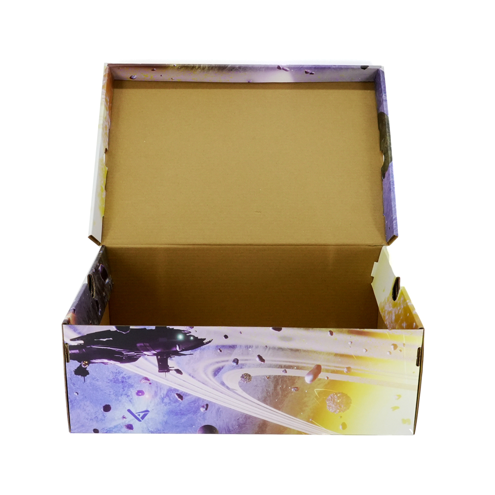 Purple Color Print Empty Corrugated Cardboard Shoe Display Box Luxury Foldable Design