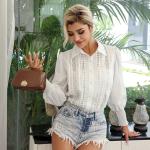 Lantern Sleeved High Neck Flared Blouse Chic Black High Waisted Lace Tops With