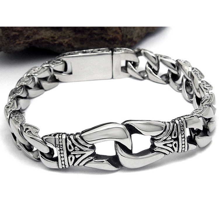 Antique Men's Titanium Stainless Steel Curb Link Chain Buckle Bracelet 8.5 Inches (JCE204)