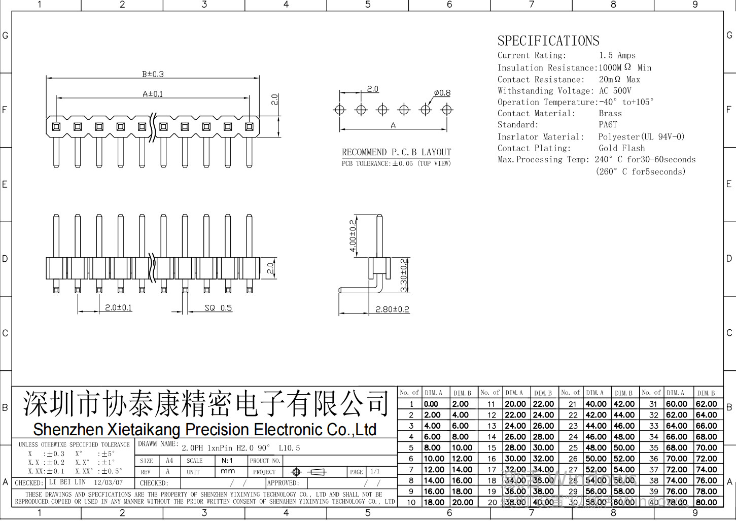 2.0mm Pitch Single Row Pin Header Connectors 90 Degree 2-50p