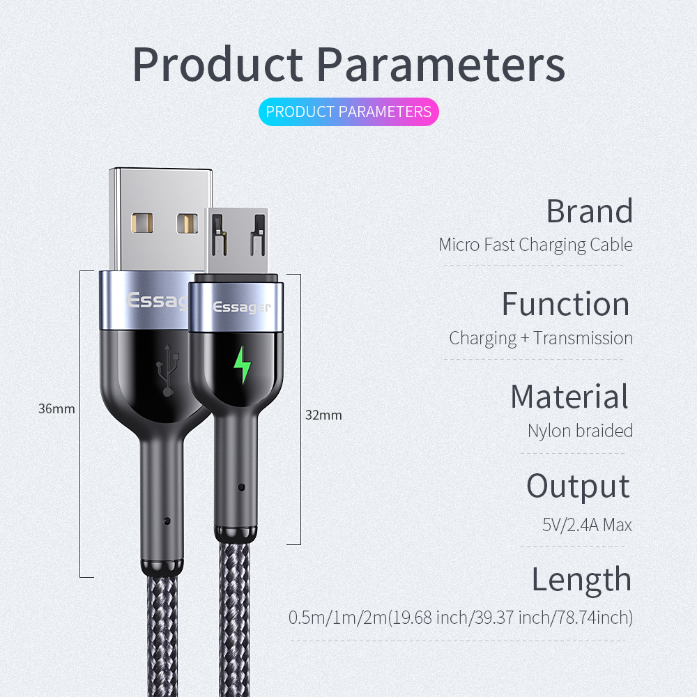 LED Mobile Charging Cable Nylon Fabric Braided Fast Charging Micro USB Data Cables 0.5M 1M 2M