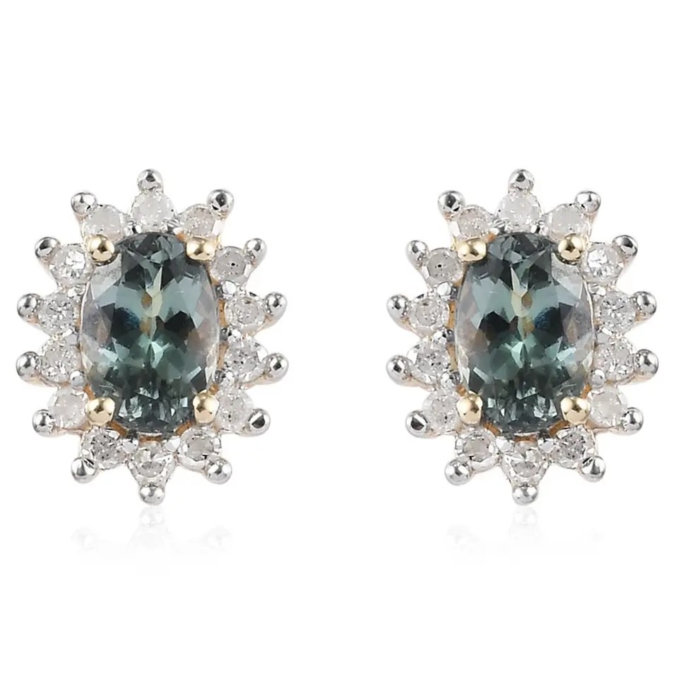14K Yellow Gold Jewelry CZ Halo Oval Cut Premium Green Tanzanite Stud Earrings Women's Classic Earrings