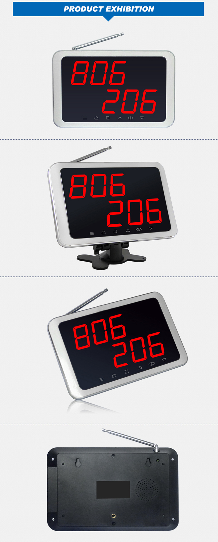 Wireless restaurant calling system number display receiver with menu stand call button