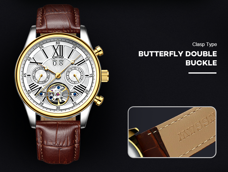 Brand KINYUED fashion mens wind up use hand water resistant tourbillon automatic watch