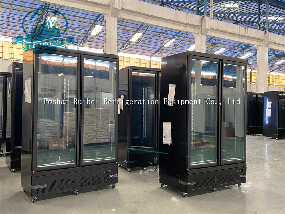Commercial 2 Glass Doors Freezer With LED Supermarket Black Painted Steel Upright Deep Freezer