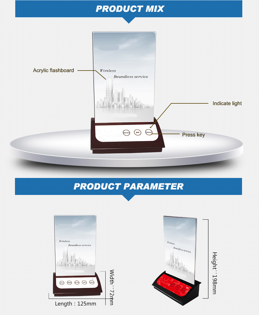 Wireless touch screen three groups number display receiver with menu holder button for restaurant