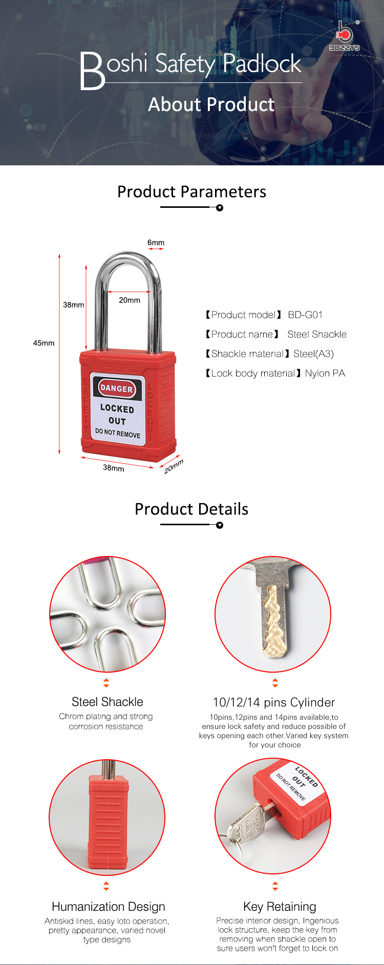 Shock Resistance Safety Lockout Padlocks With Non Conductive PA Lock Bodies