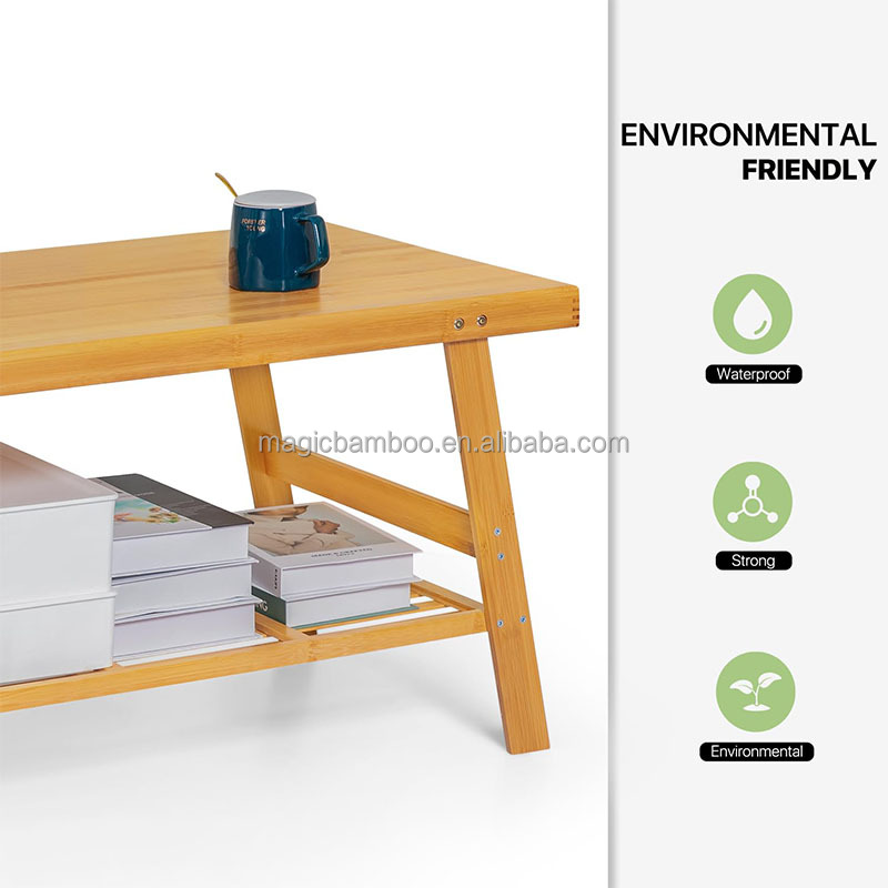 50x100x48.5cm Bamboo Dual Tier Coffee Table With Open Storage Shelf For In Living Room