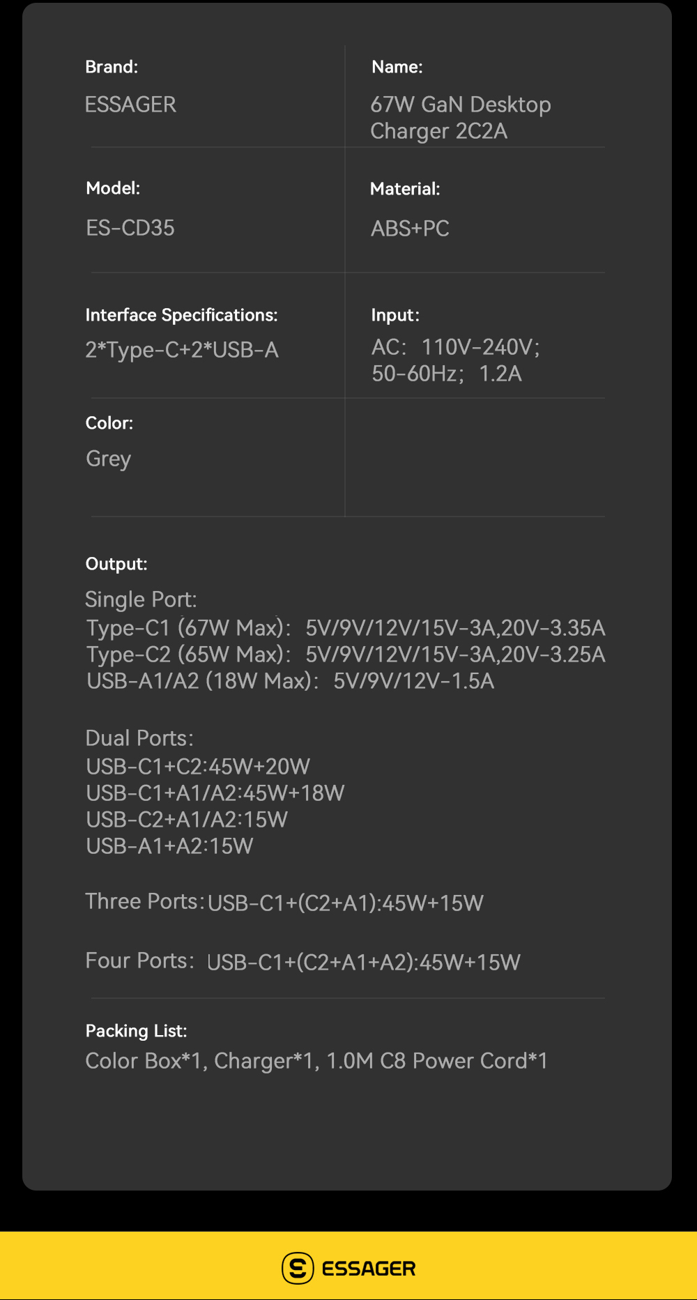 Dual USB C USB A PD GaN Chargers 67W ES-CD35 Series