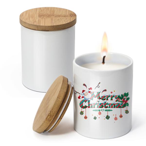 Cheap Blanks White Ceramic Candle Jar With Bamboo Lid 300ml Capacity for sale