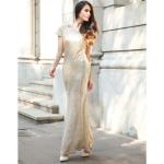 hot sale polyester short sleeve long women Bodycon evening beaded dress with