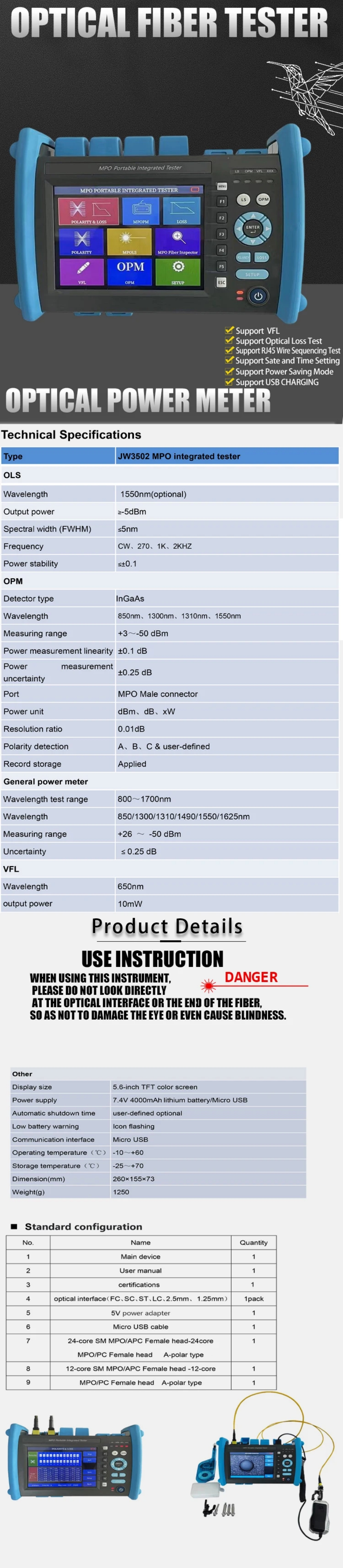 Joinwit JW3502 OTDR Integrated Optical Power Meter for 12/24 Core MPO Fiber Optic Testing