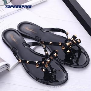 Quality PVC Summer Black Flat Sandals Womens With Bow Rivet wholesale