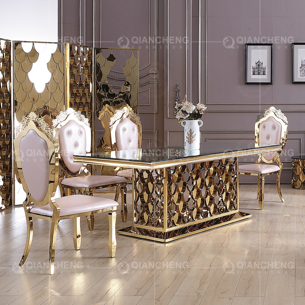 Qiancheng ODM Tempered Glass Dining Table Golden Stainless Steel For Wedding